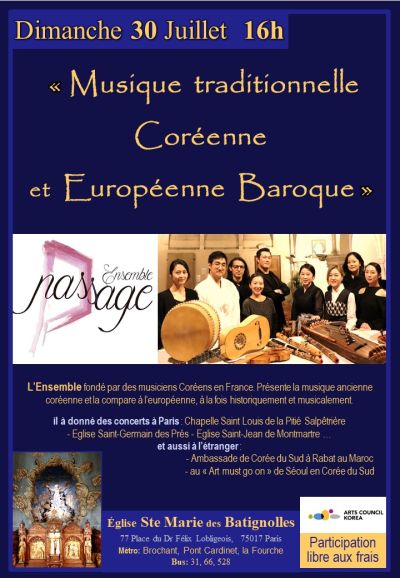 Affiche du concert Musiques traditionnelles Coréennes et Européennes Baroques du dimanche 30 juillet 2023