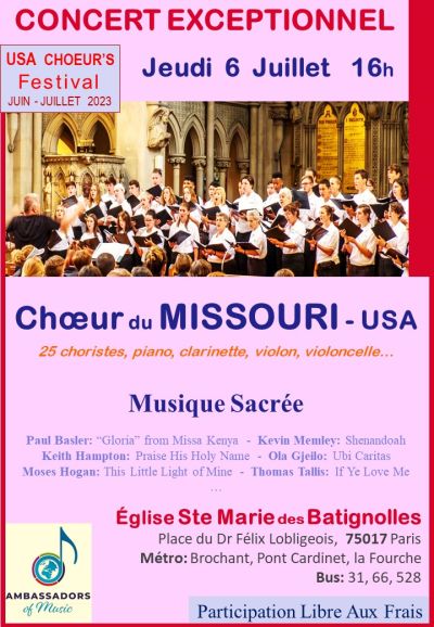 Affiche du concert du chœur du Missouri, le jeudi 6 juillet