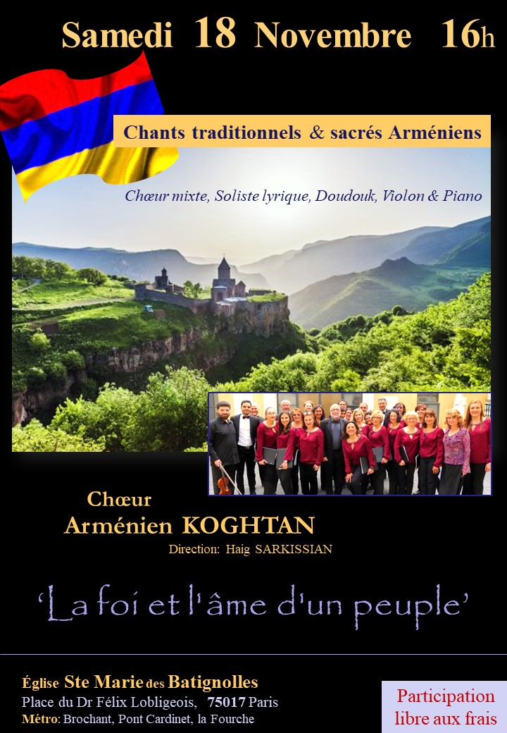 Affiche du concert Choeur Arménien KOGHTAN du Samedi 18 Novembre 2023